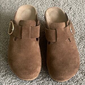 Birkenstock Brown Suede Mules with Gold Accent